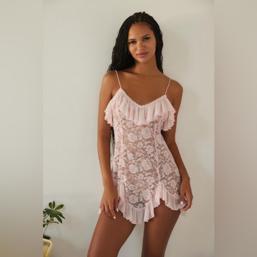 Out From Under Rouge Sheer Lace Mini Dress Pink Medium